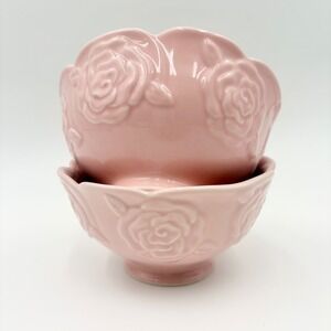Potter's Studio Pink Rose Embossed Scalloped Ceramic Bowls Set of‎ 2 Footed